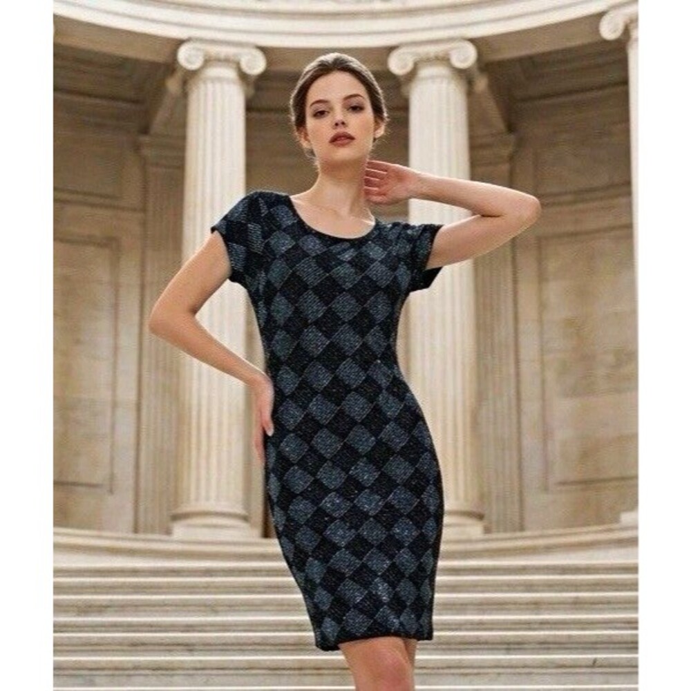 John Roberts Women's 12 Black/Blue Argyle Sheath Scoop Neck Cap Sleeve Glitter